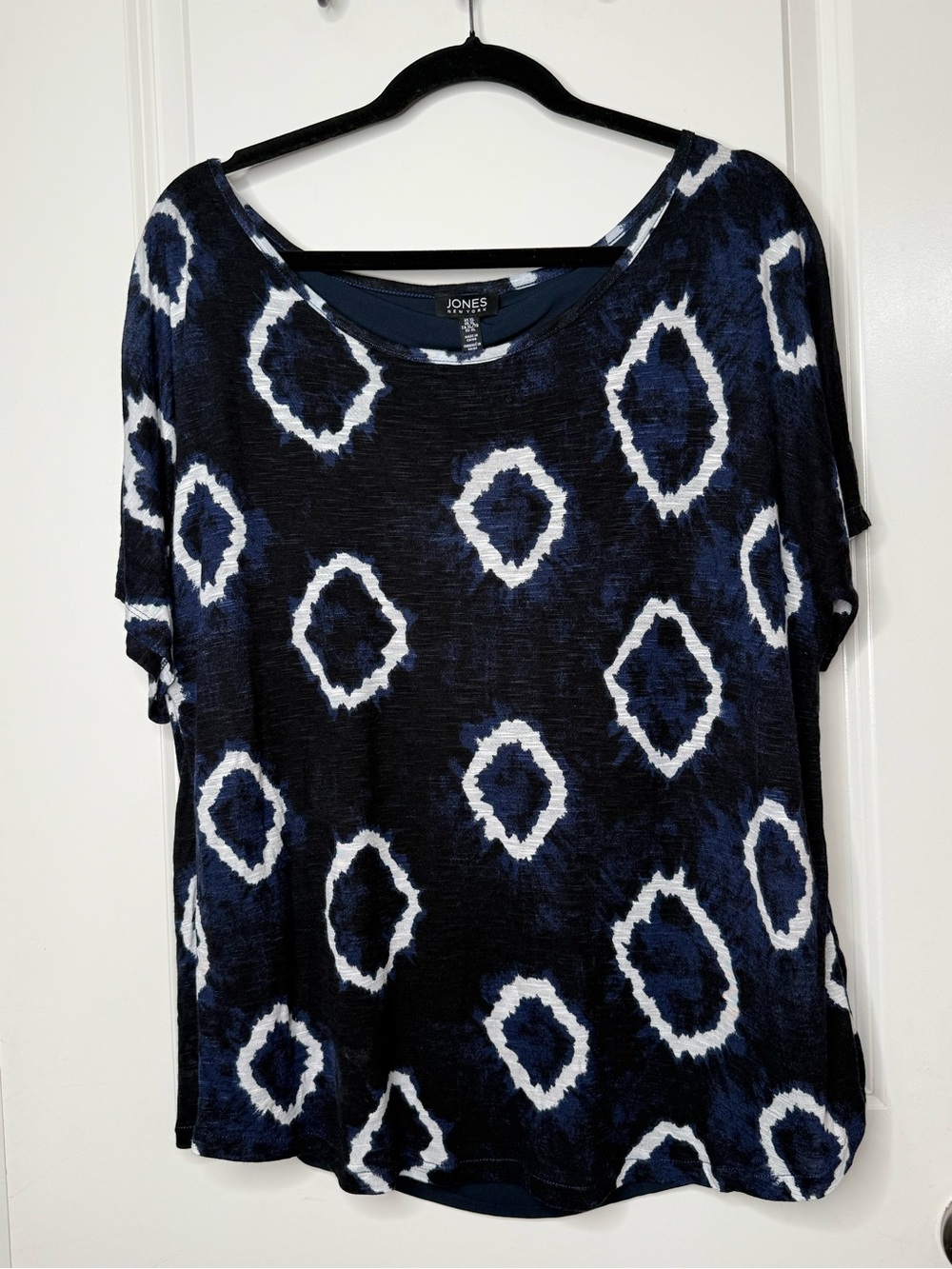 Jones New York XL NWT Navy Blue Ikat Print Tulip Back Layered Blouse Top